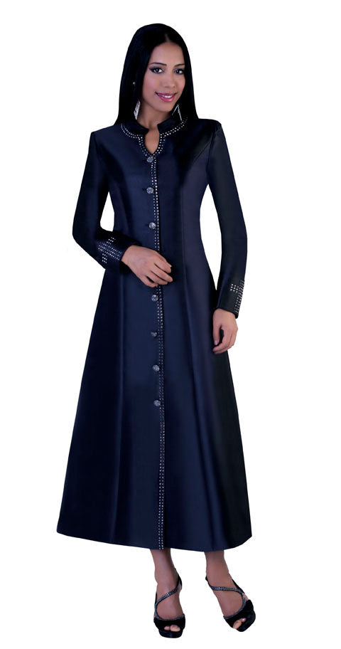 Plus size navy satin cassock robe with rhinestone button front worn by model standing with hands at waist – Tally Taylor