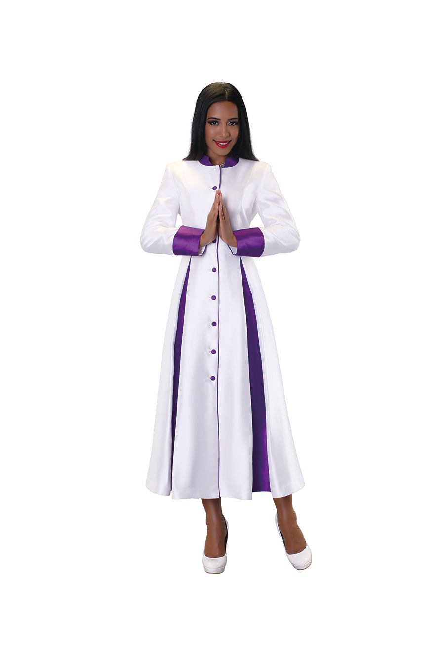 Plus size white and purple women's minister robe worn by model with hands together in prayer pose – Tally Taylor