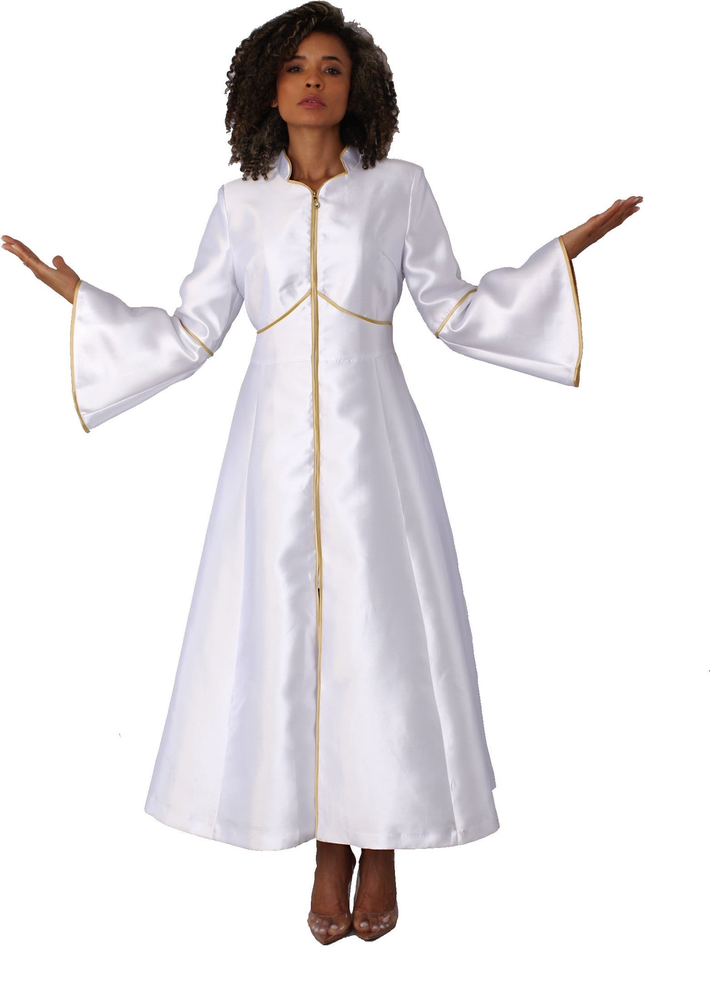 Cassock robe with rhinestone trim in white gold back view by Tally Taylor