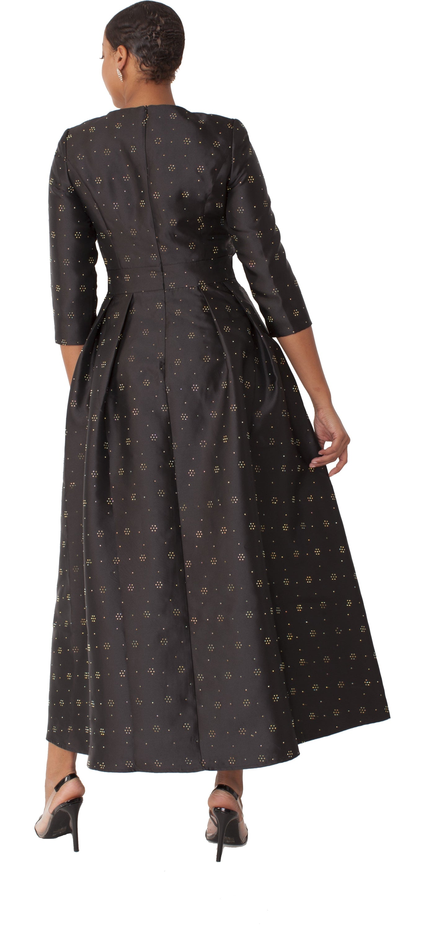 Back view of plus size black gold rhinestone embellished church dress showing full skirt and elegant silhouette by Tally Taylor