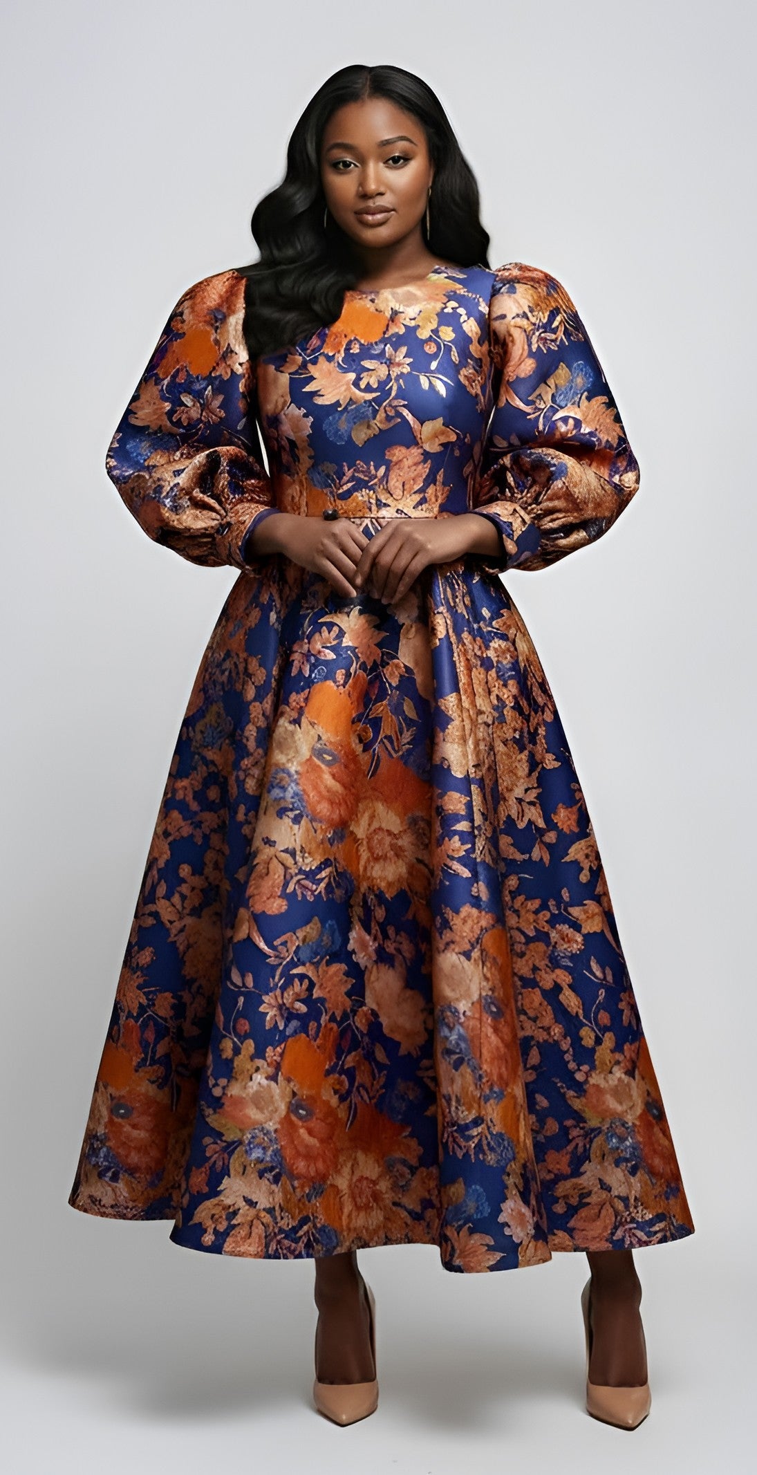 Floral Brocade Dress with Bishop Sleeves - 4848
