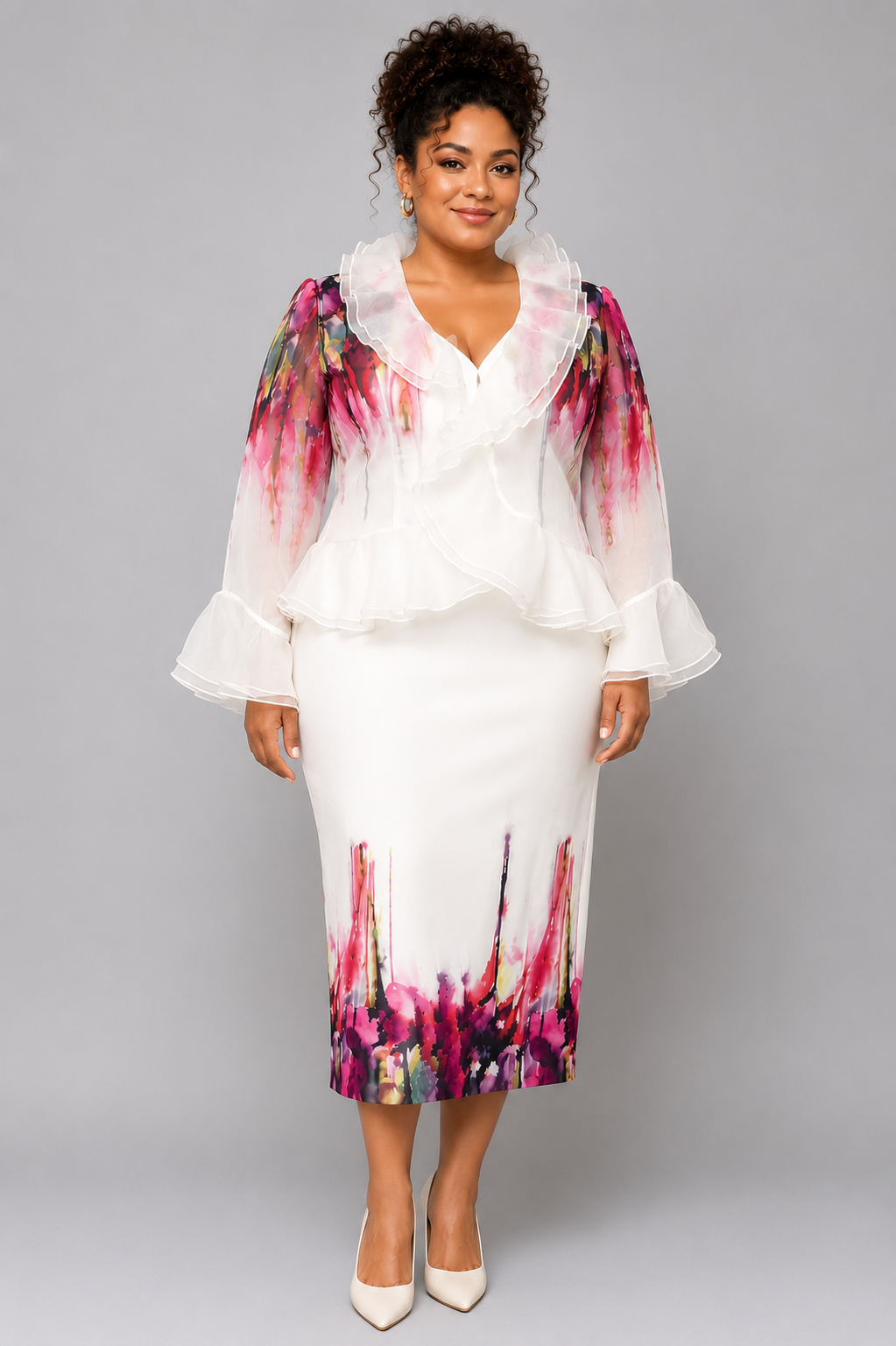 Woman wearing the Elegant Organza Church Dress in White Multi with a vibrant watercolor-inspired print and sleeveless design by Tally Taylor.