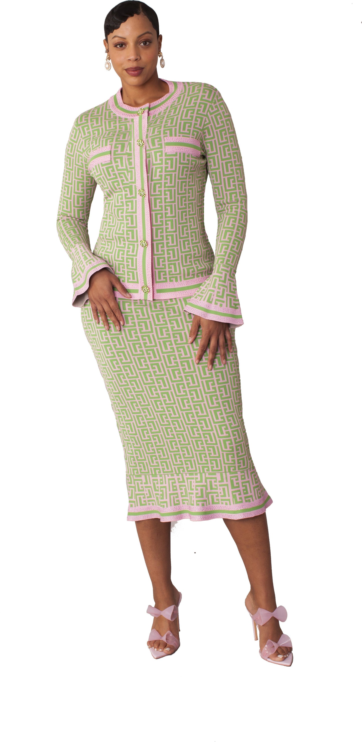 Mint and pink Greek key knit skirt suit with two-piece jacket and skirt set featuring pink trim detail, model front view showing elegant silhouette – Tally Taylor
