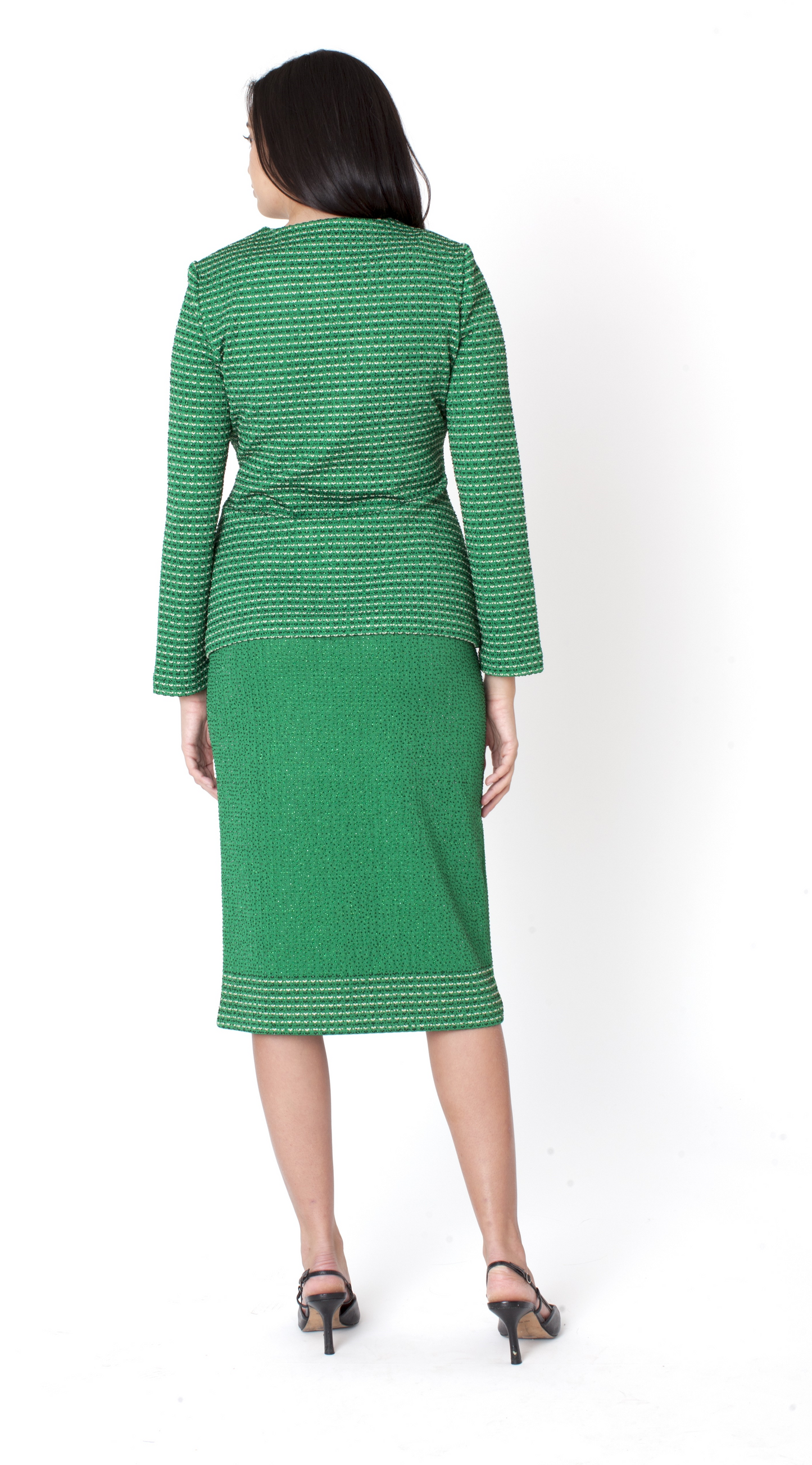 Green Textured Knit Skirt Suit - 7325