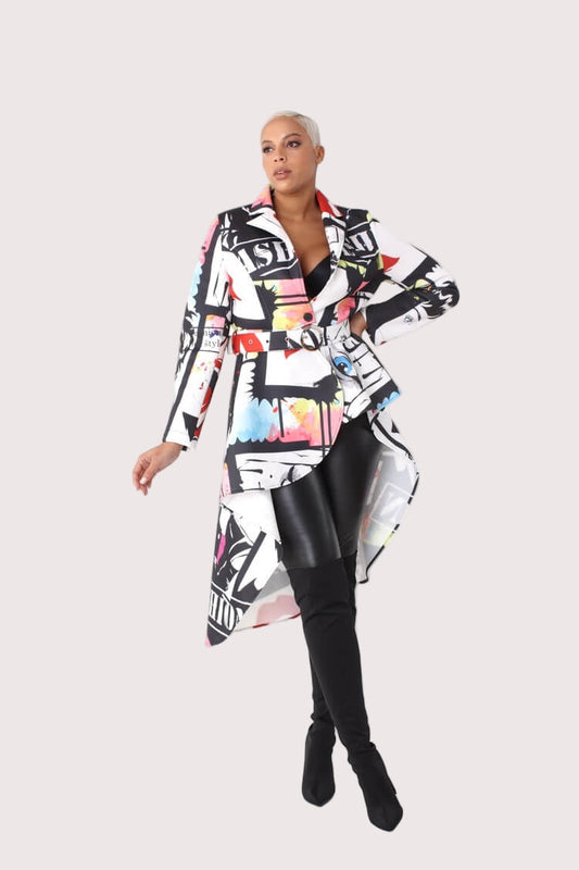 Model walking forward in the Abstract Print Scuba Long Jacket, capturing the movement of the high-low hem and statement print – For Her NYC