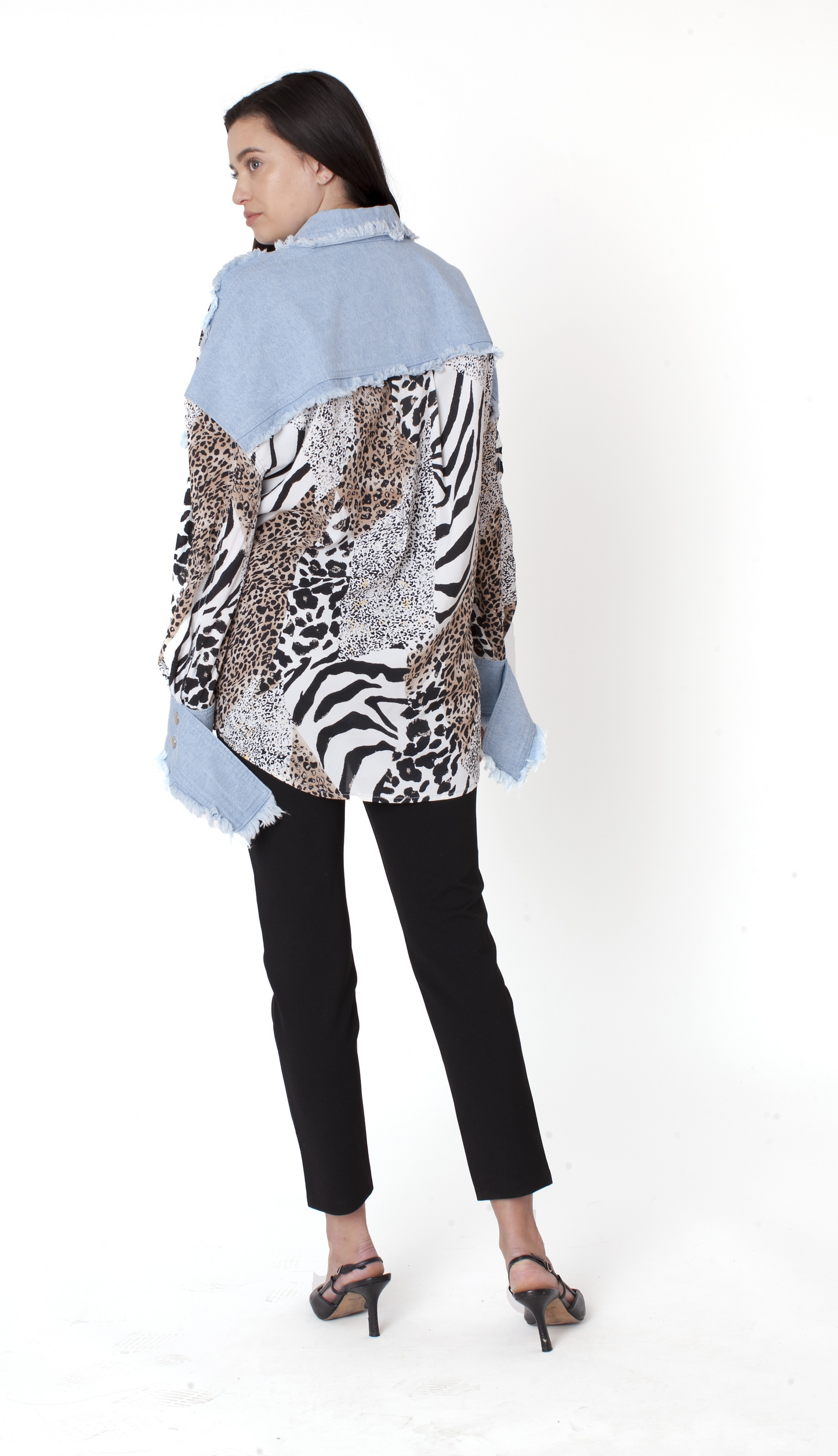 Mixed Animal Print Denim Detail Shirt - 82157