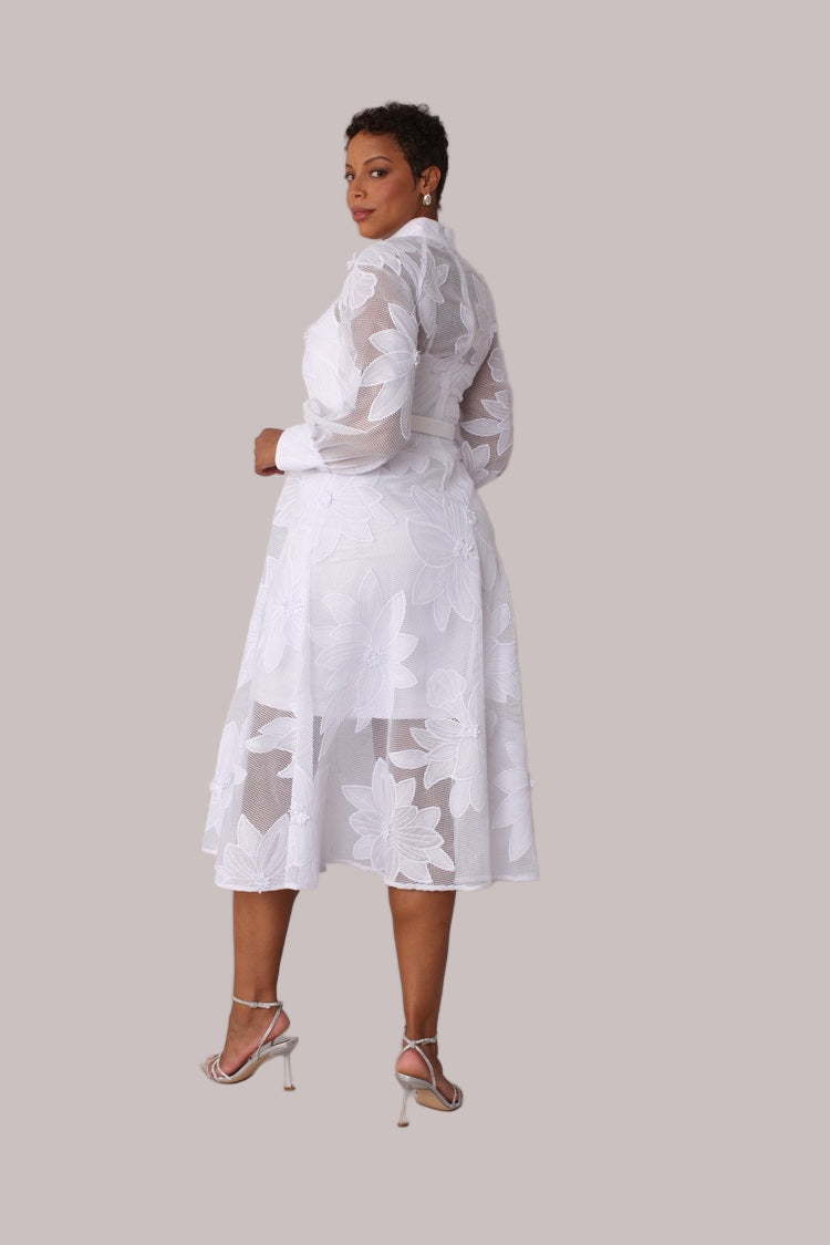 White floral mesh two-piece dress set shown in side angle pose highlighting layered silhouette by For Her NYC