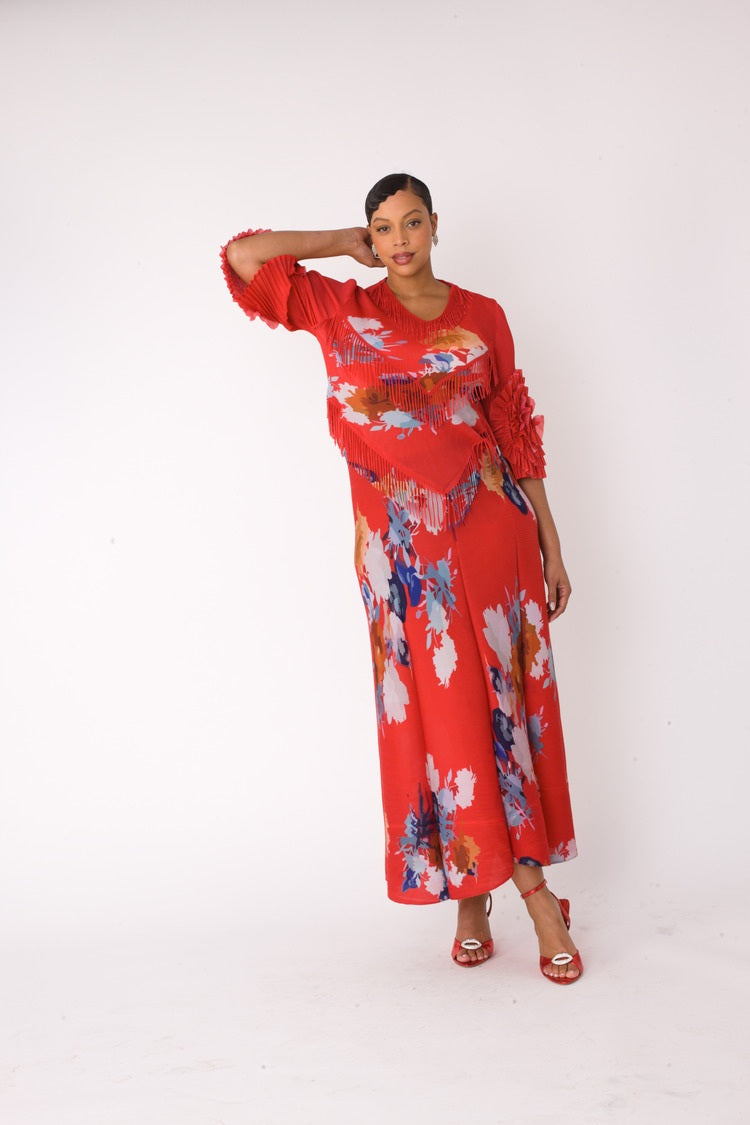 RED MULTI Floral print pleated midi dress in red multi shown in front standing pose by For Her NYC