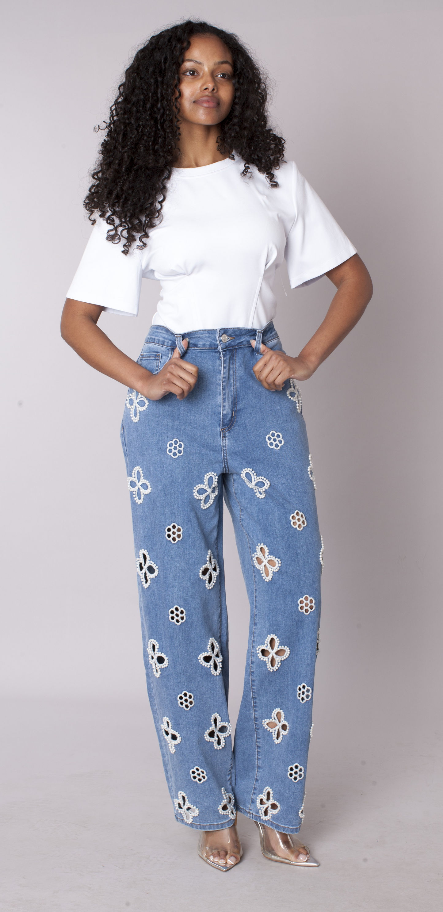 Floral Cutout Wide-Leg Jeans - 82956