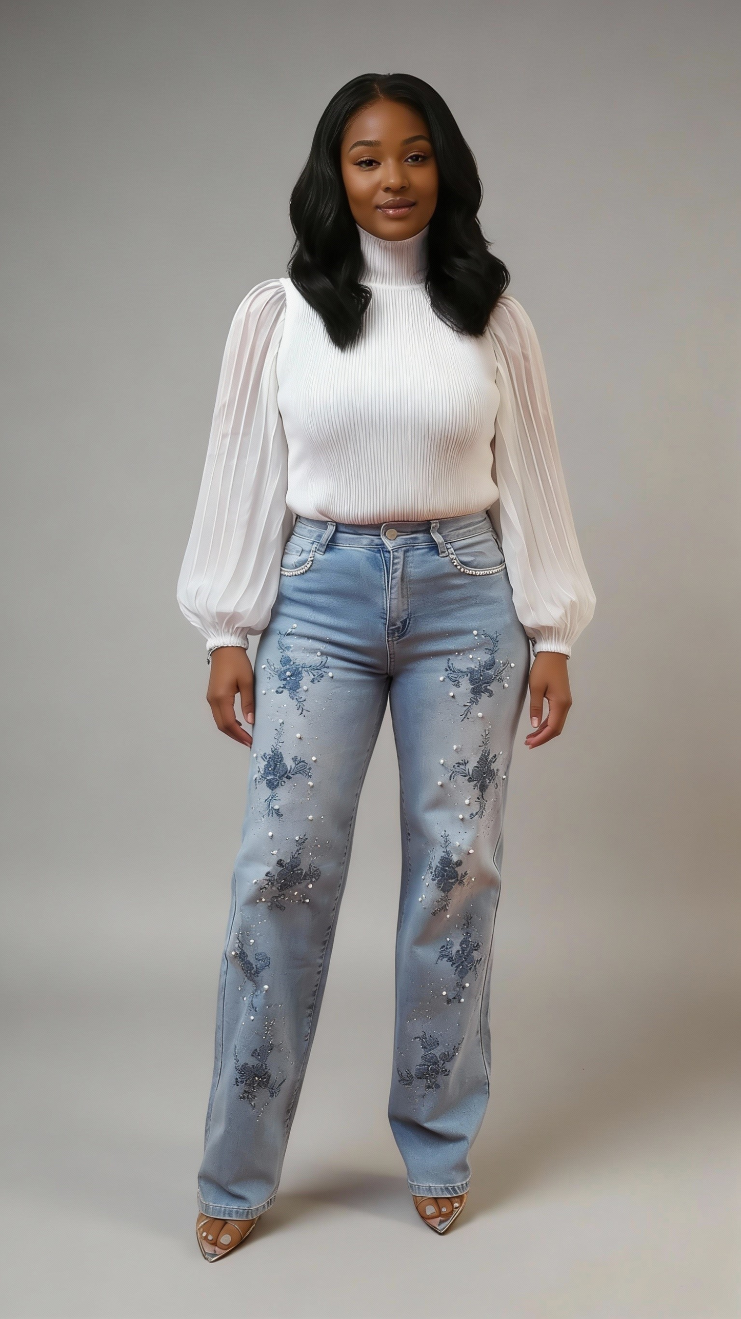 Pearl Floral Embroidered Jeans - 83032