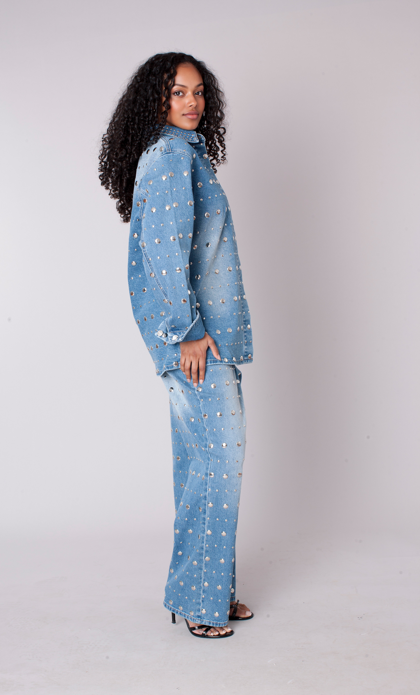 Mirror Stud Wide Leg Denim Jeans - 83037
