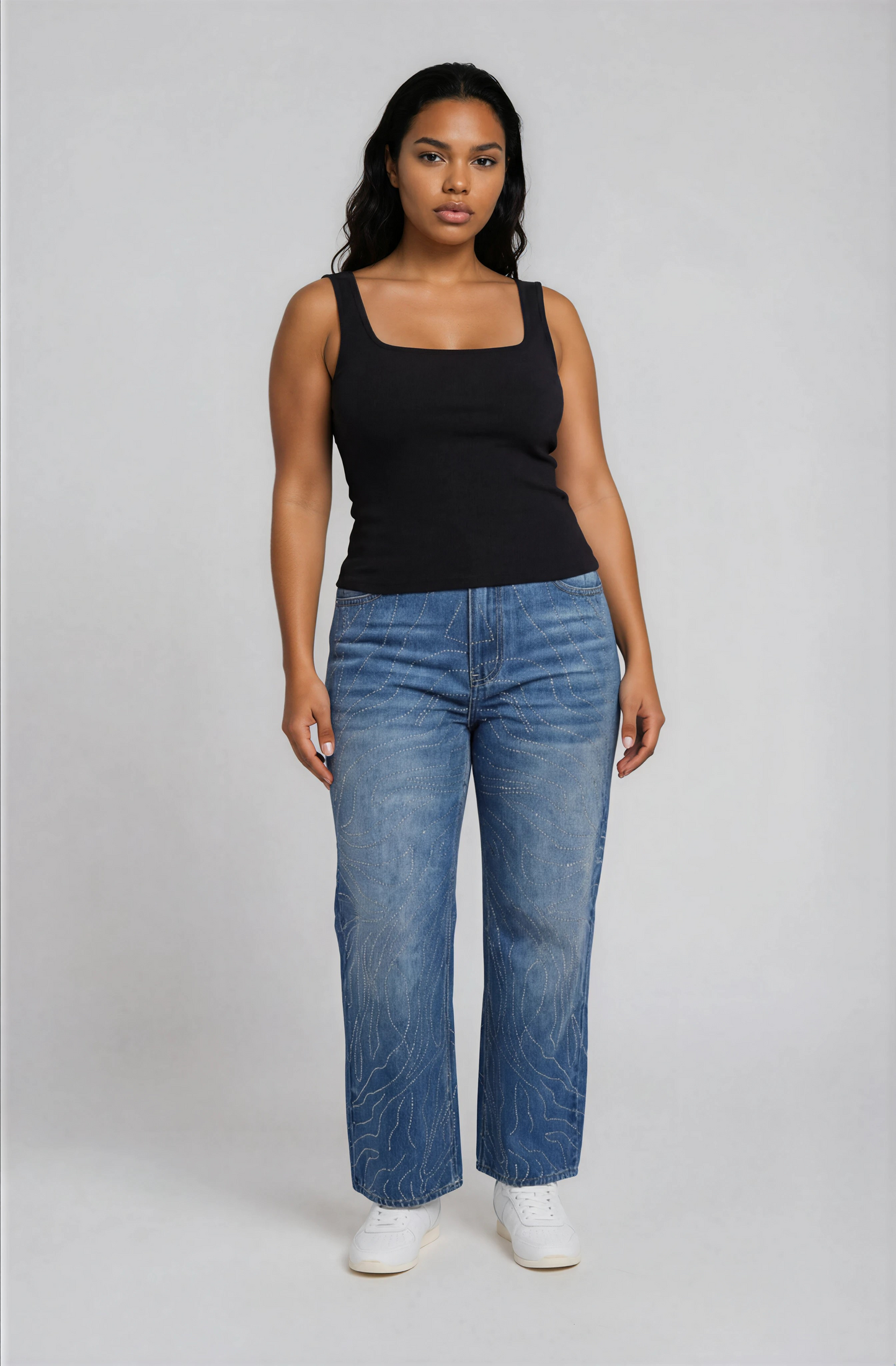 Rhinestone Swirl Wide-Leg Denim Jeans - 83071