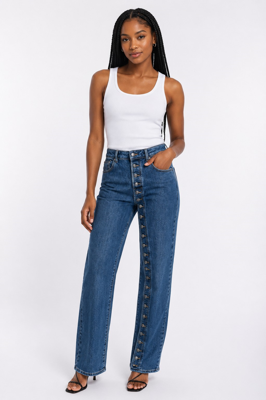 Side Button Detail Straight-Leg Denim Jeans - 83322
