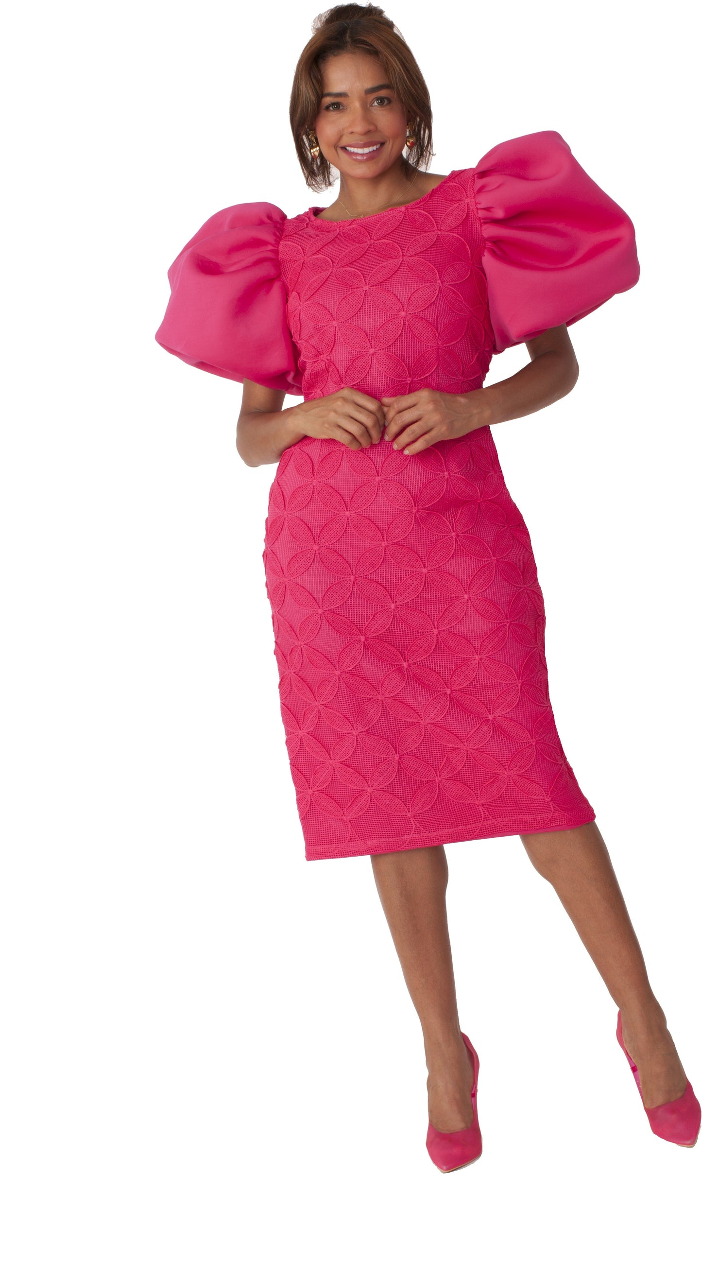 Puff Sleeve Textured Midi Dress -9727