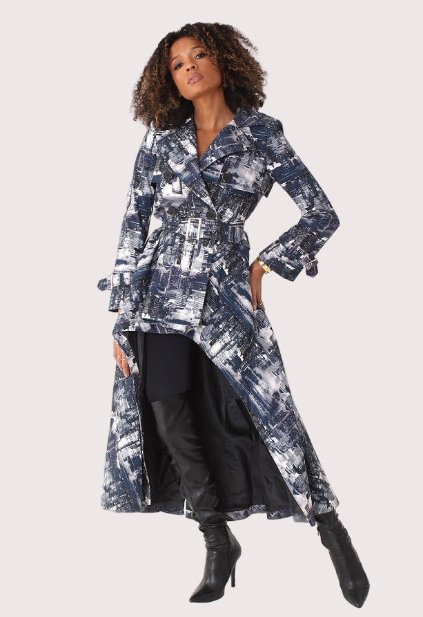 Front view abstract print belted trench coat with high low hem and statement print — For Her NYC