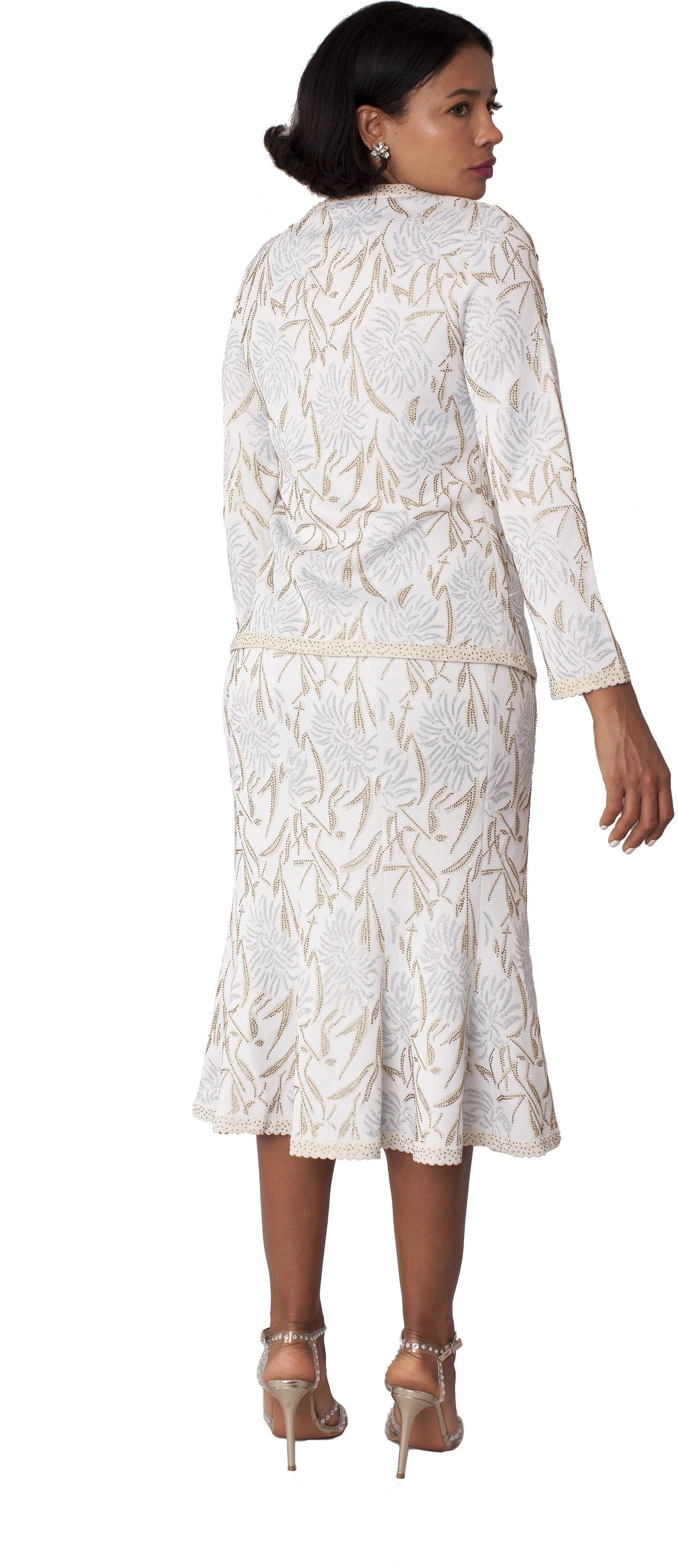Ivory/Gold Floral Embroidered 2-Piece Dress Suit w/ Scalloped Trim – 7317