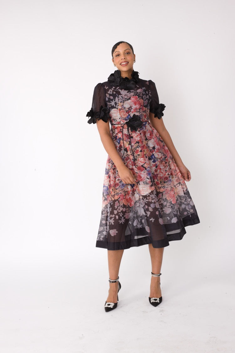 Romantic Floral Midi Dress with Organza Details -82486