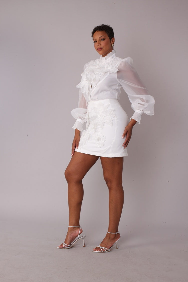 Floral Embroidered Skirt White Cocktail Skirt - 82683
