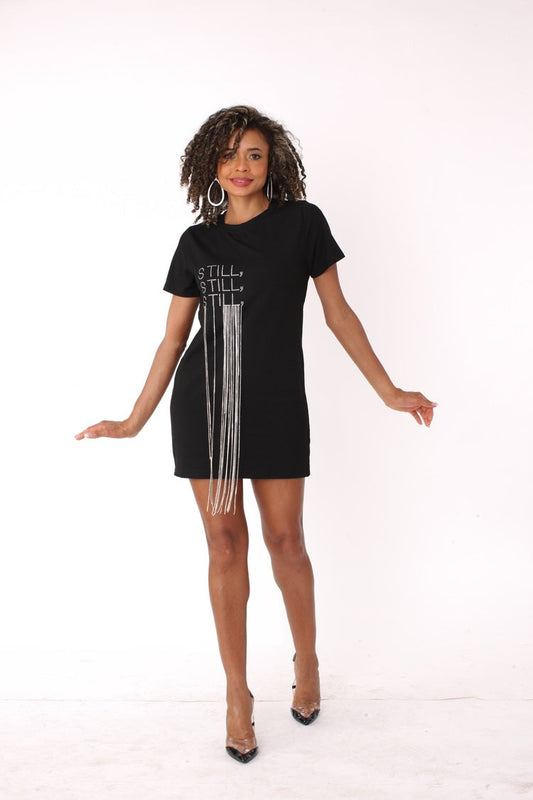 "Still" Graphic T-Shirt Dress 82183 – Minimalist Black & White Design
