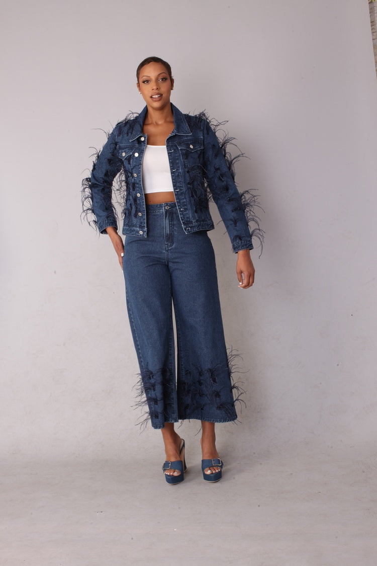 Feather Trim Wide Leg Jeans - 82304