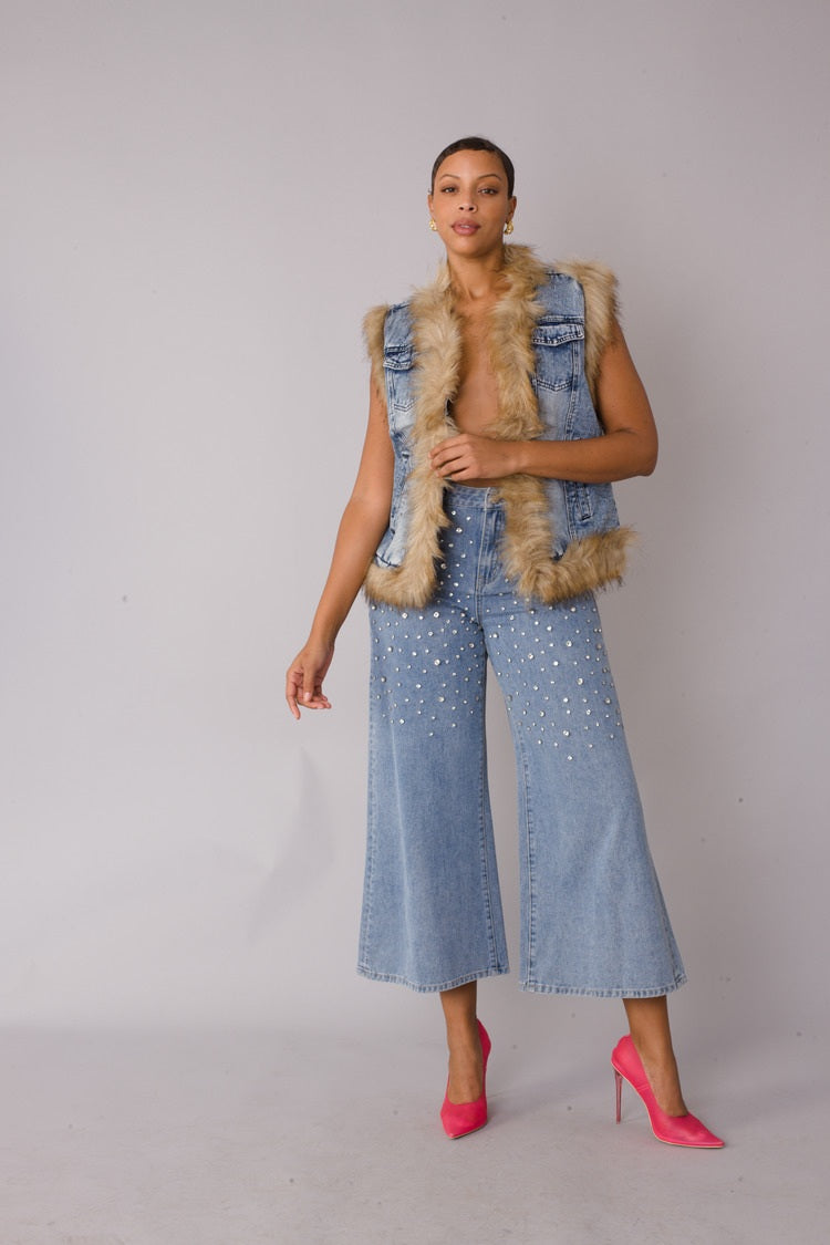 Denim Vest with Faux Fur Trim