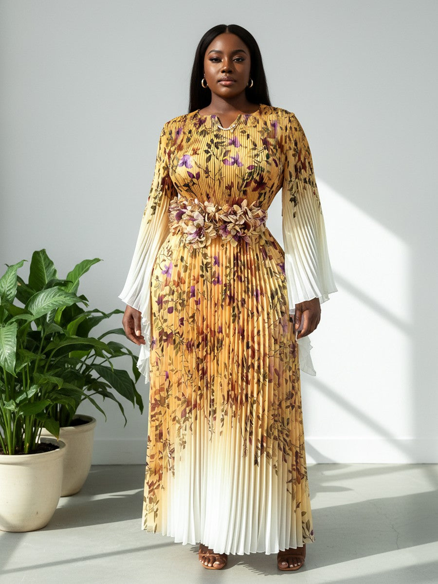 Floral Pleated Maxi Dress with Statement Waist - 83002
