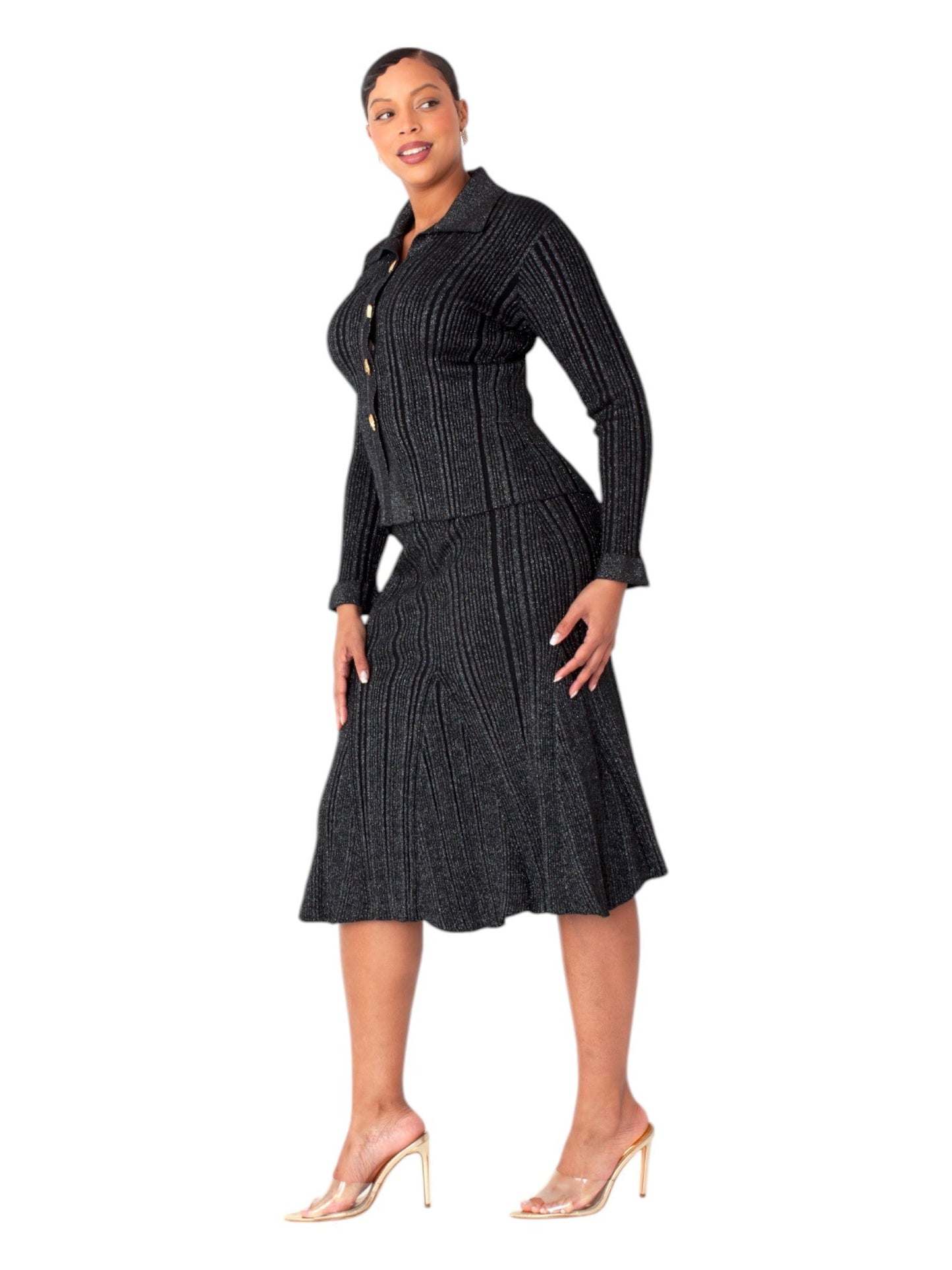 Black silver Metallic Sheen Ribbed Knit Set