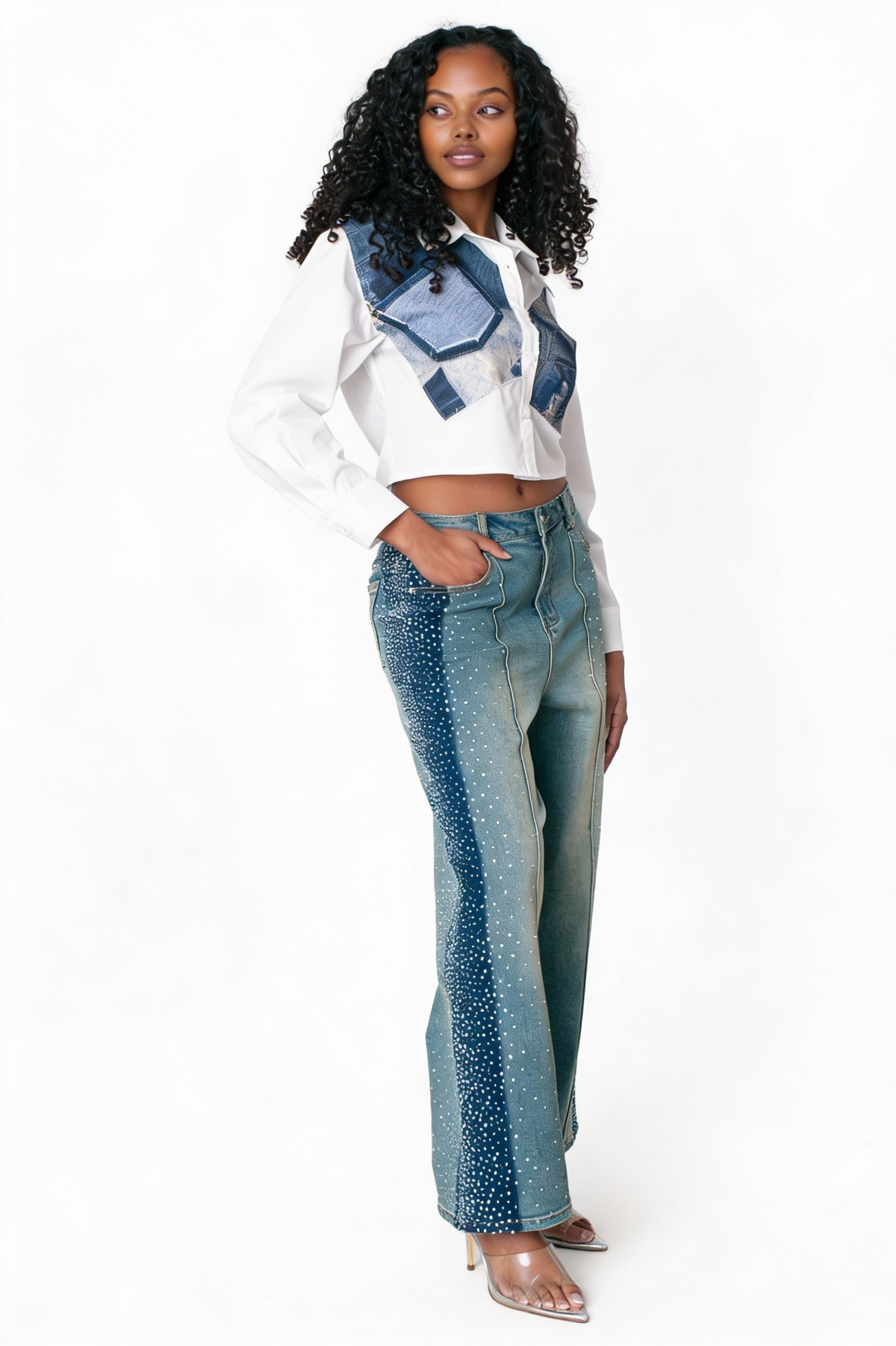 Full body view of crystal side panel wide leg jeans styled with a cropped top, showing side embellishment detail – For Her NYC