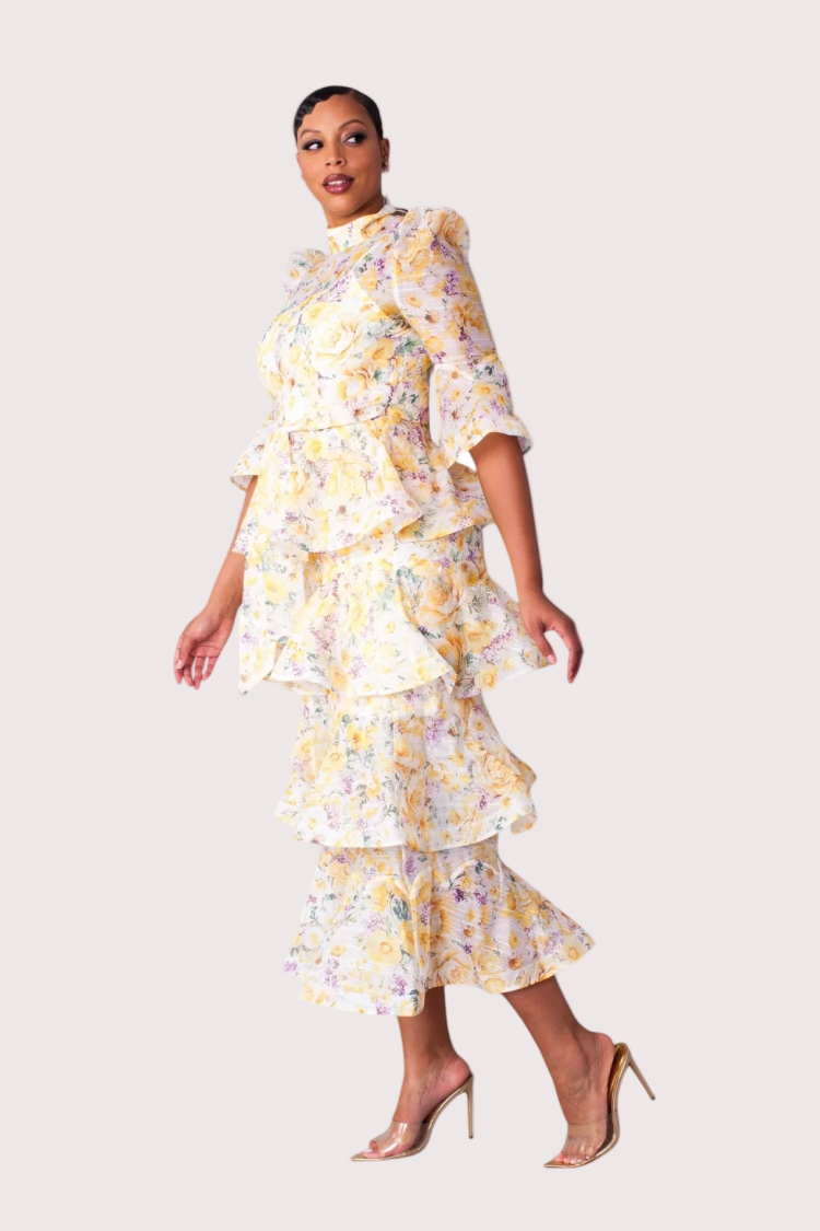 Side view of yellow floral tiered ruffle midi dress with puff sleeves – For Her NYC
