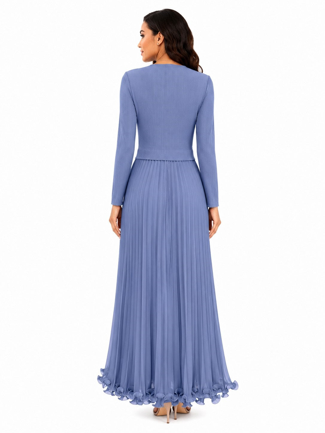 Back view of a model wearing the light blue For Her NYC Embellished Pleated Chiffon Midi Dress - 83464 with long sleeves, a pleated skirt, and ruffled hem