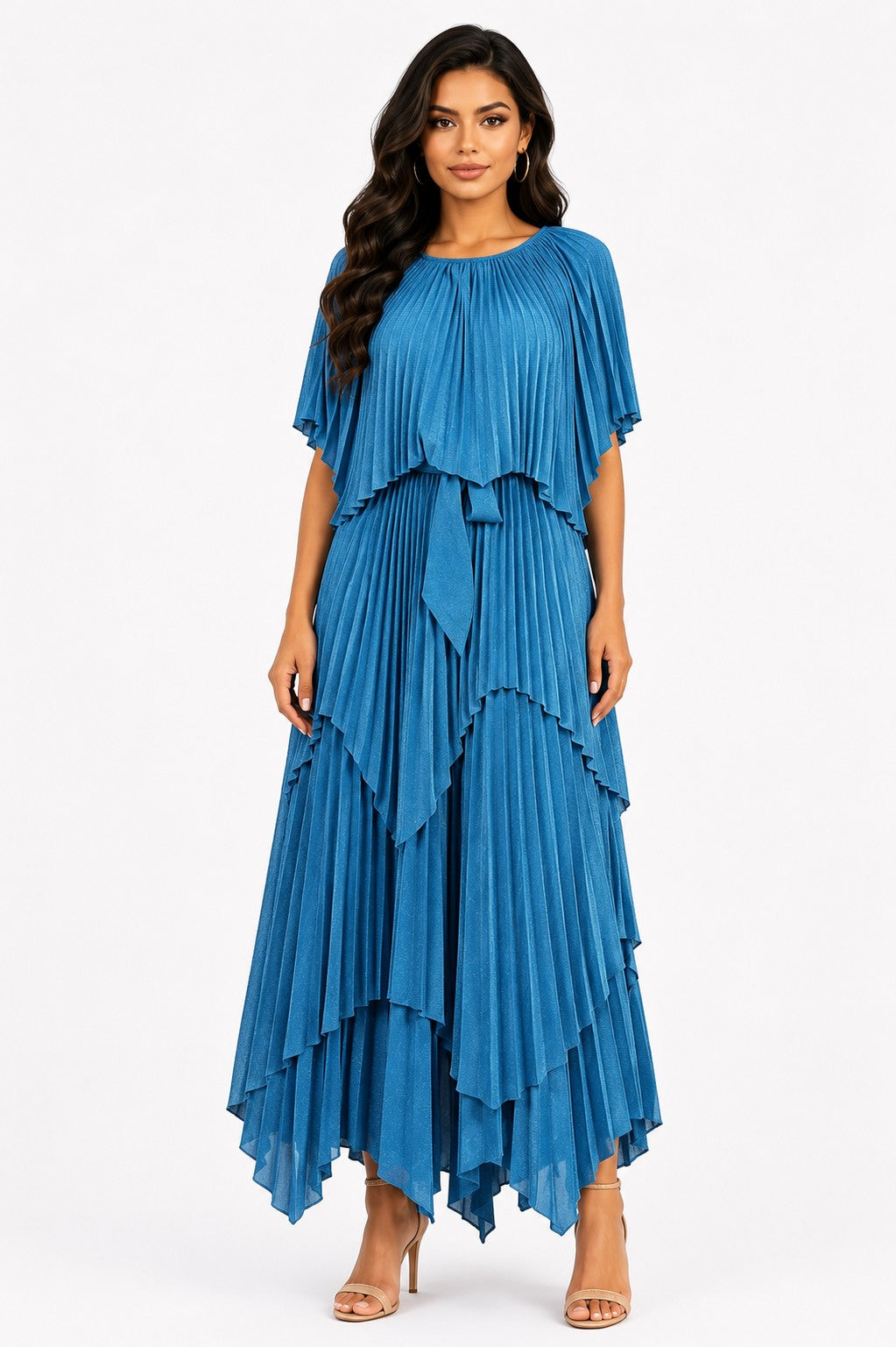 Model wearing the Layered Pleated Maxi Dress with Cape in Blue featuring elegant tiered pleats, a flowing cape overlay, flutter sleeves, and a graceful maxi silhouette by ForHerNYC.