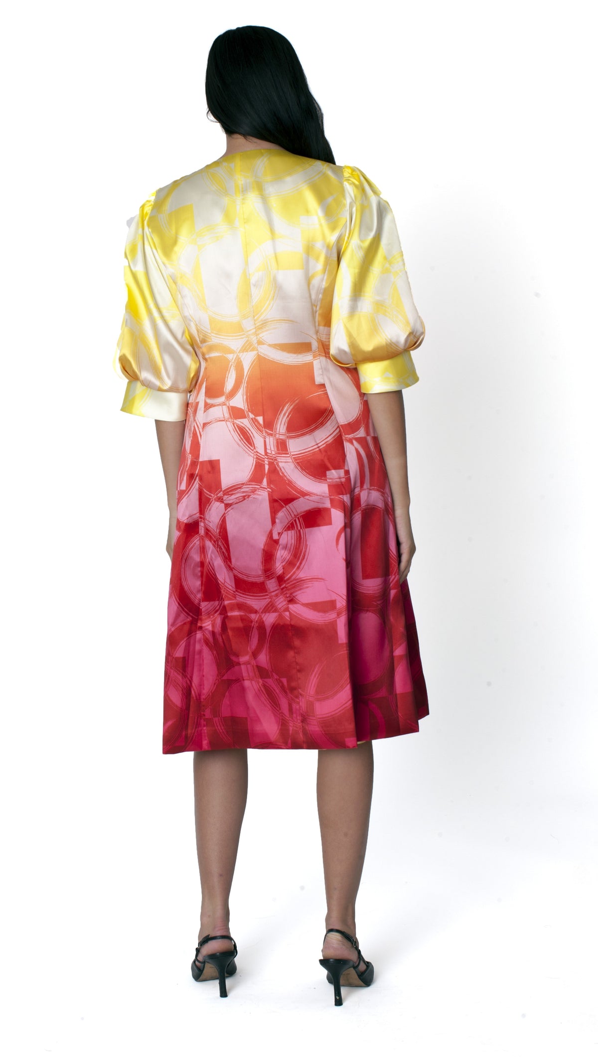 Yellow to red ombre abstract print jacket dress set with puff sleeves and A-line silhouette back view – Tally Taylor