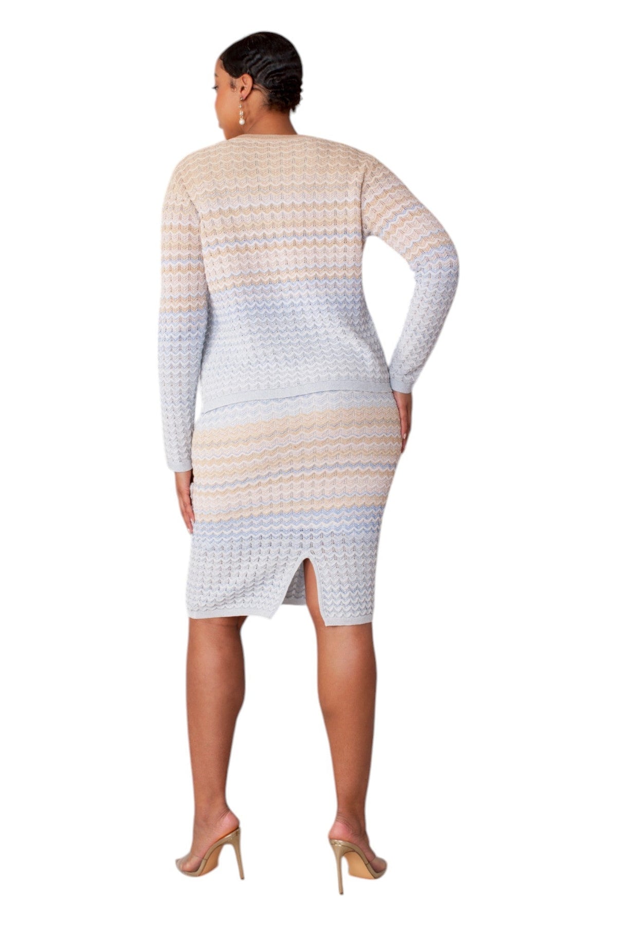 Back view of ombré wave knit two-piece set with a fitted sleeveless midi dress and subtle wave-stitch pattern in beige and grey by Tally Taylor