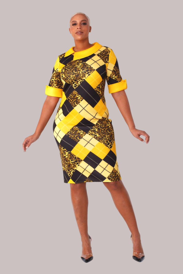 Front view of yellow and black plaid and leopard-print bodycon dress — For Her NYC.