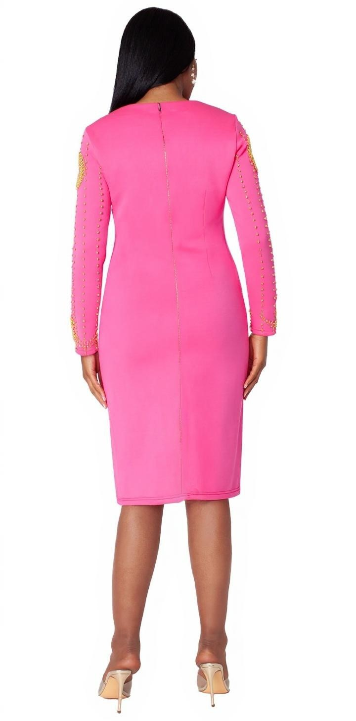 Back view of fuchsia and gold stud embellished knee-length dress with a smooth fitted design by Tally Taylor