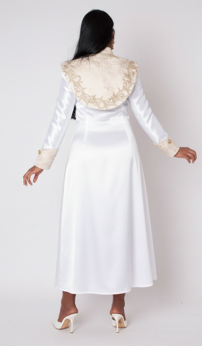Back view of a model wearing the white Tally Taylor Embroidered Clergy Midi Dress - 41093 with a gold embroidered back yoke and matching cuffs