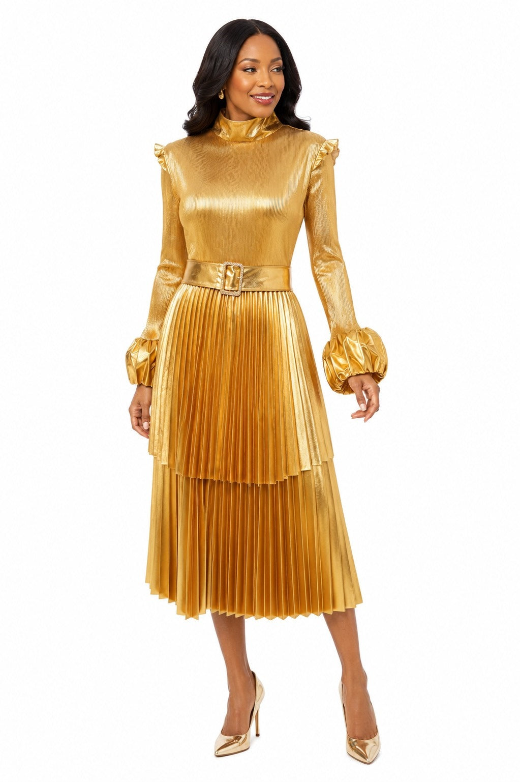 Front view of a model wearing the metallic gold Tally Taylor Pleated Statement Midi Dress - S0276 with a belted waist, high neckline, long sleeves, and tiered pleated skirt