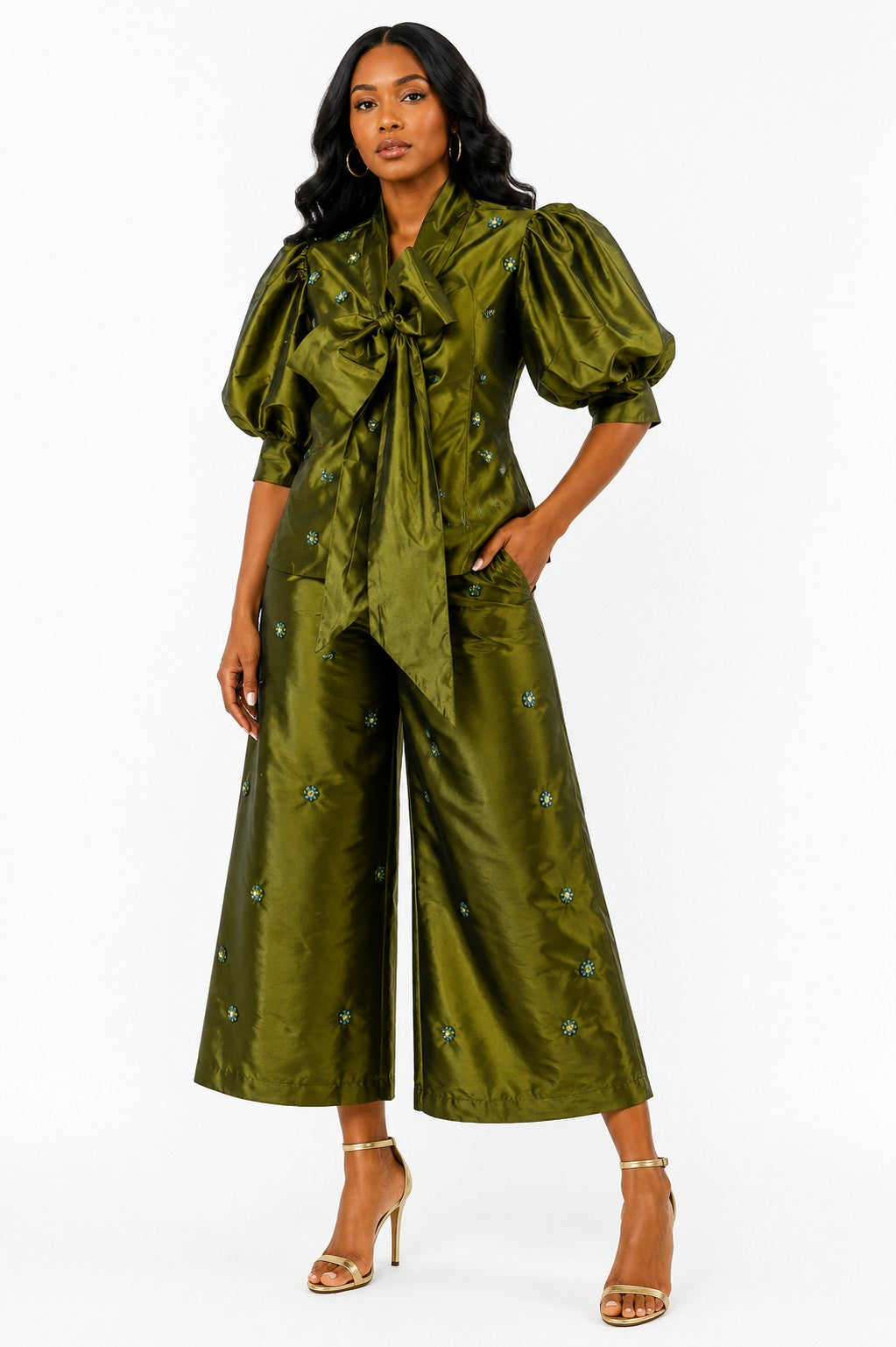 Zola Jeweled Bow Pant Set - OLIVE