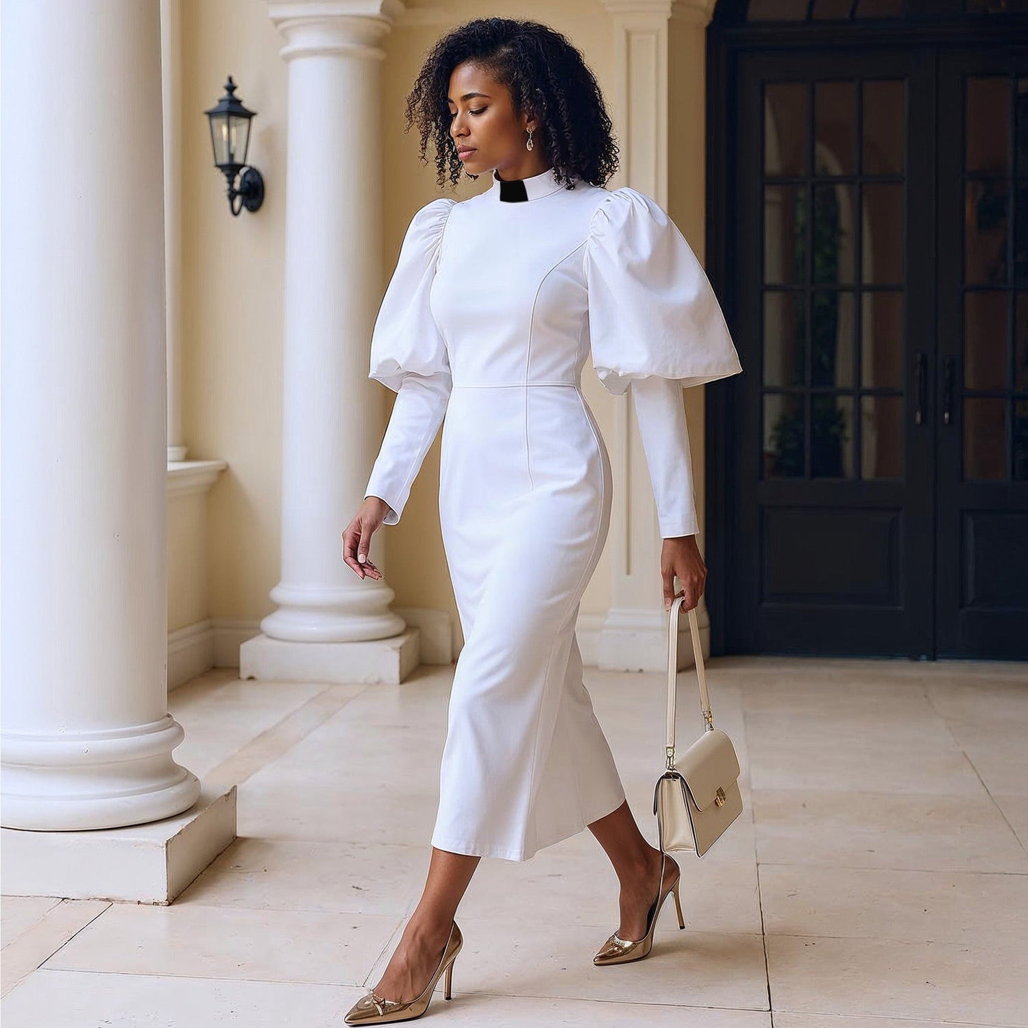 White and black clergy dress with puff sleeves and a classic collar shown walking outdoors by Tally Taylor.