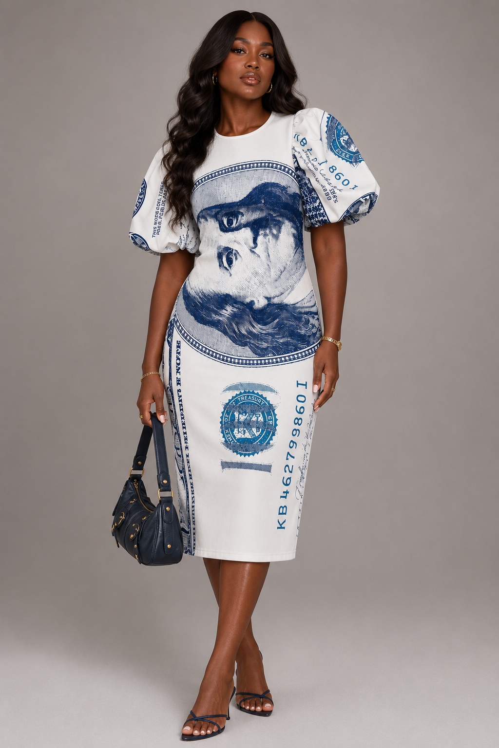 Model wearing dollar print scuba midi dress with bold puff sleeves in a trendy fashion look.