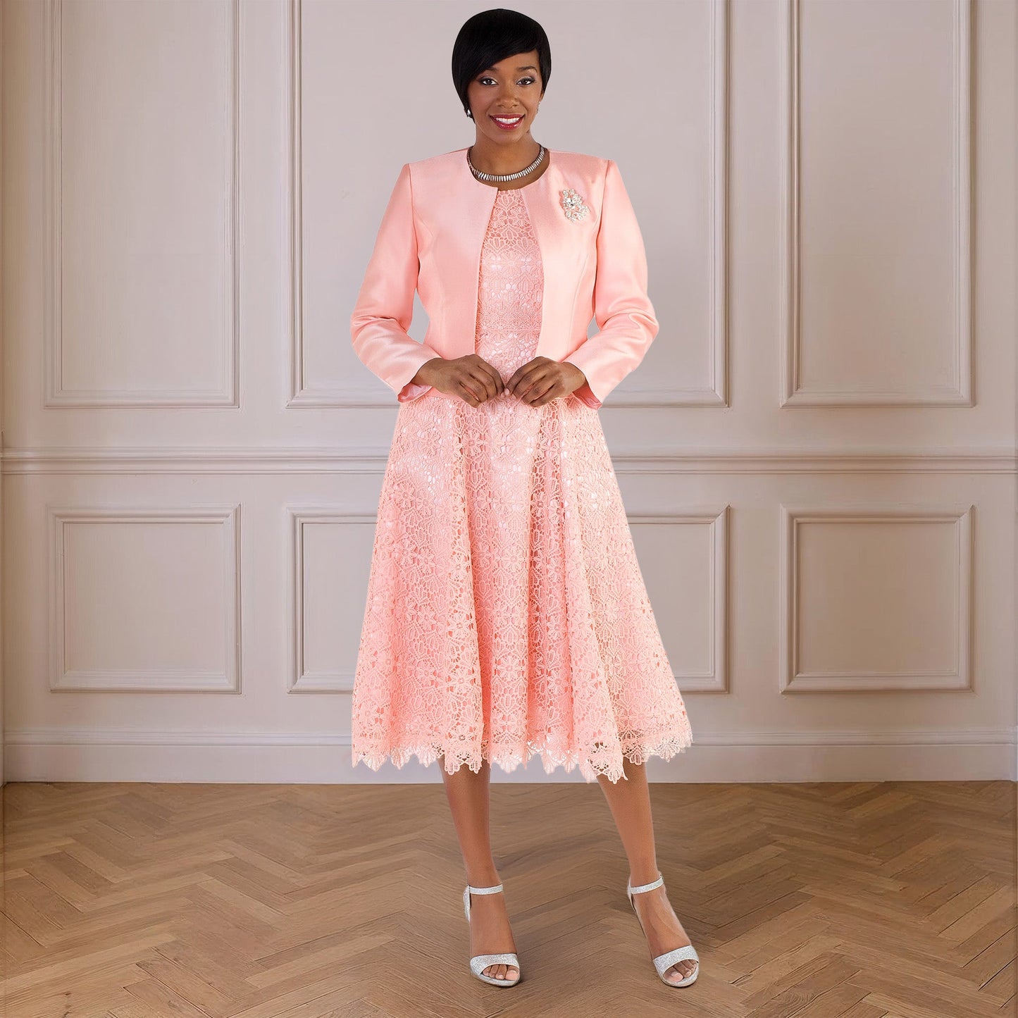 Lace Church Dress with Satin Jacket Set- 4529