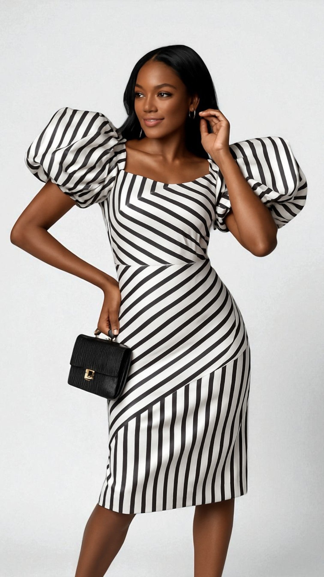 Dramatic Striped Midi Dress with Statement Sleeves - 9758