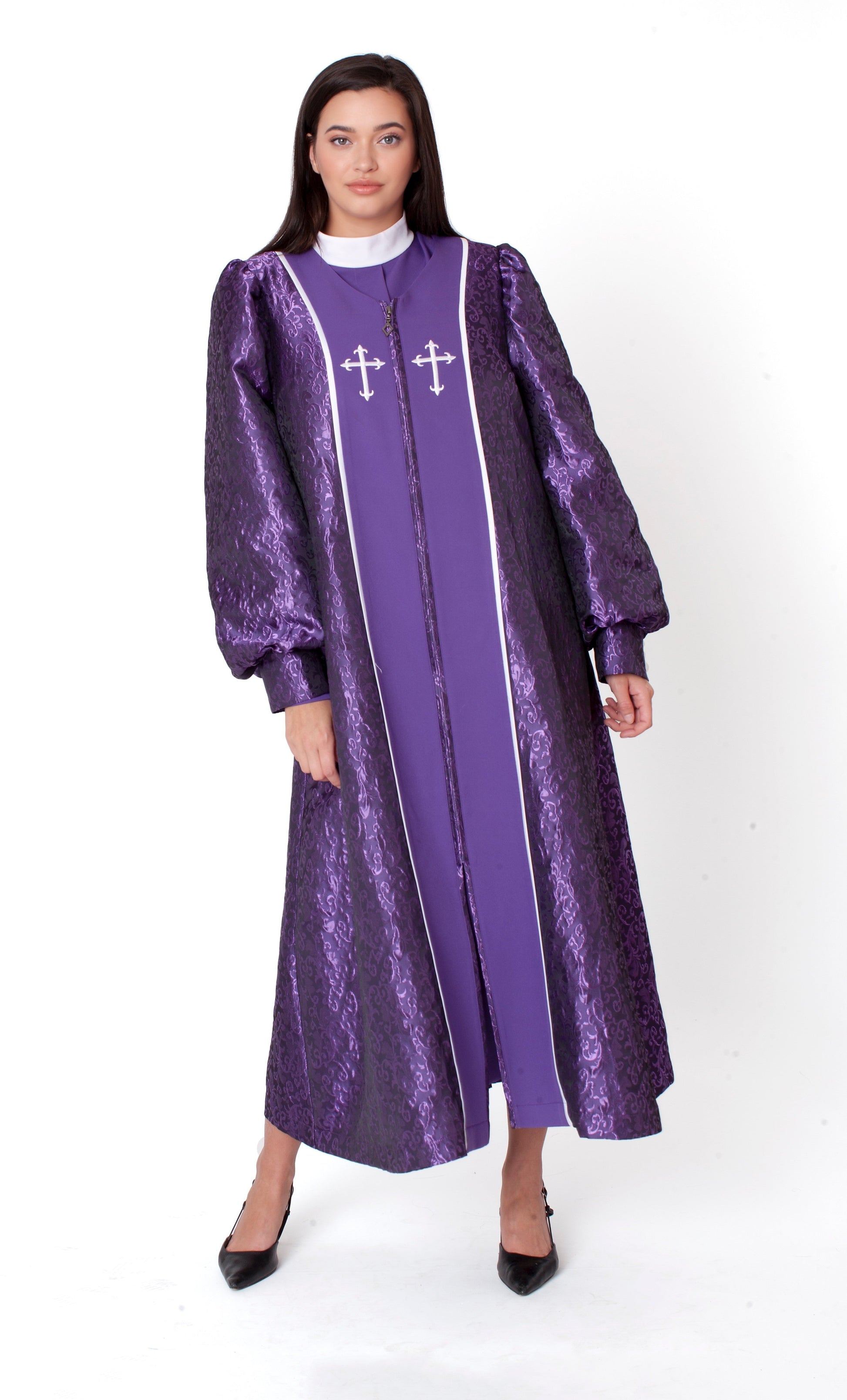 Front view of purple two-piece brocade clergy robe with cross panels and long sleeves Tally Taylor