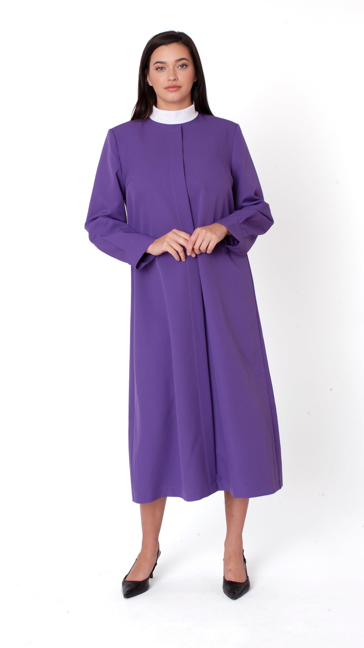 Side angle view of purple two-piece brocade clergy robe with cross panels and long sleeves Tally Taylor