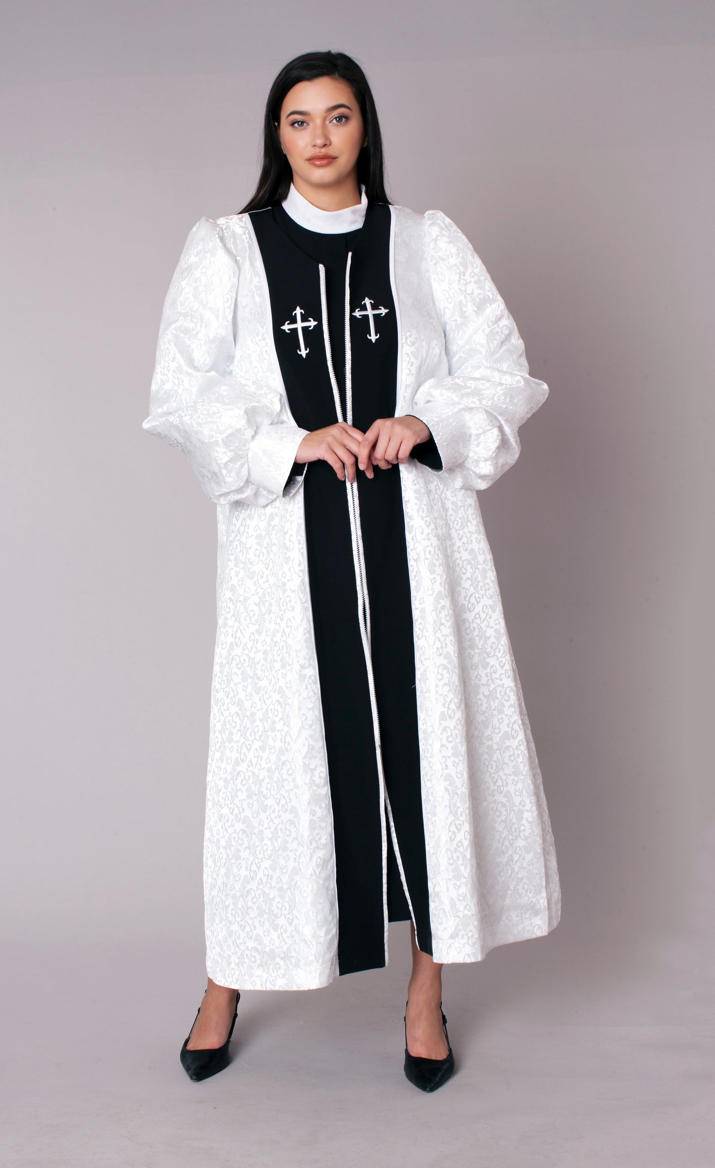 Front view of white and black two-piece brocade clergy robe with cross panels and sheer sleeves Tally Taylor