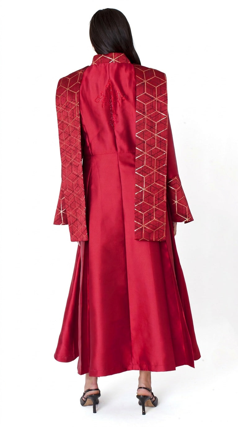 Plus size red geometric yoke clergy robe with full-length A-line silhouette and geometric shoulder detailing, back view, Tally Taylor