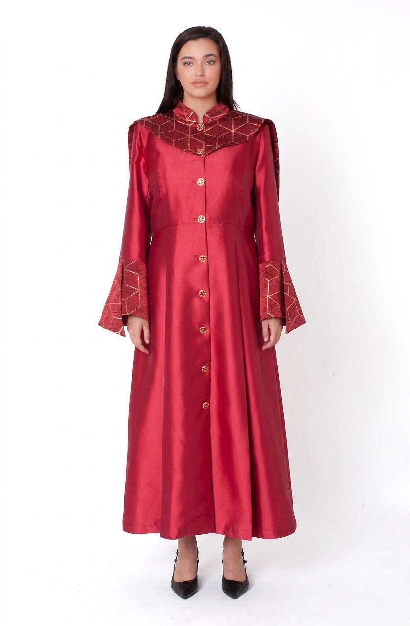 Plus size red geometric yoke clergy robe with gold button front, flared cuff sleeves, and full-length A-line silhouette, front full view, Tally Taylor