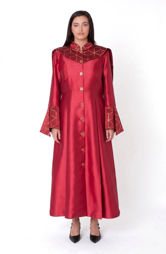 Plus size red geometric yoke clergy robe with gold button front, flared cuff sleeves, and full-length A-line silhouette, front full view, Tally Taylor