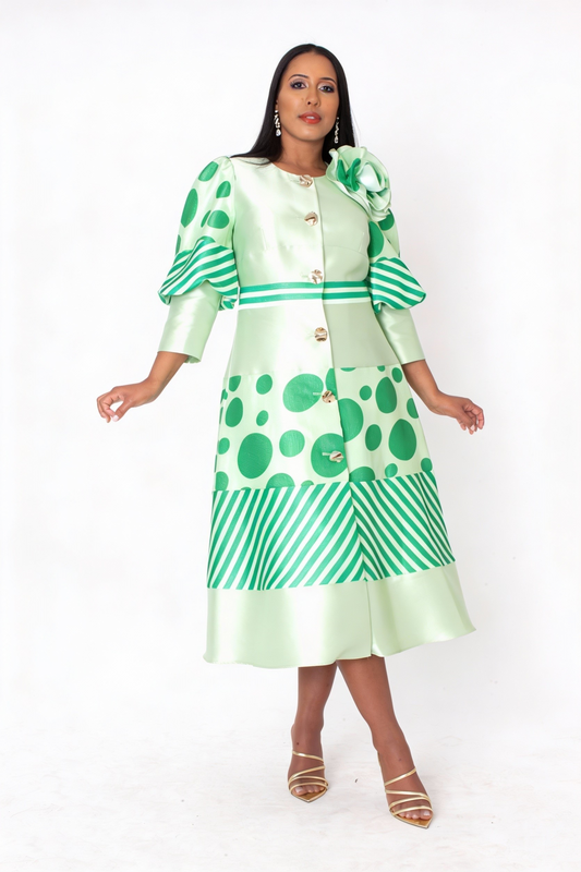 Polka Dot Stripe Bow Detail Midi Dress - 41086