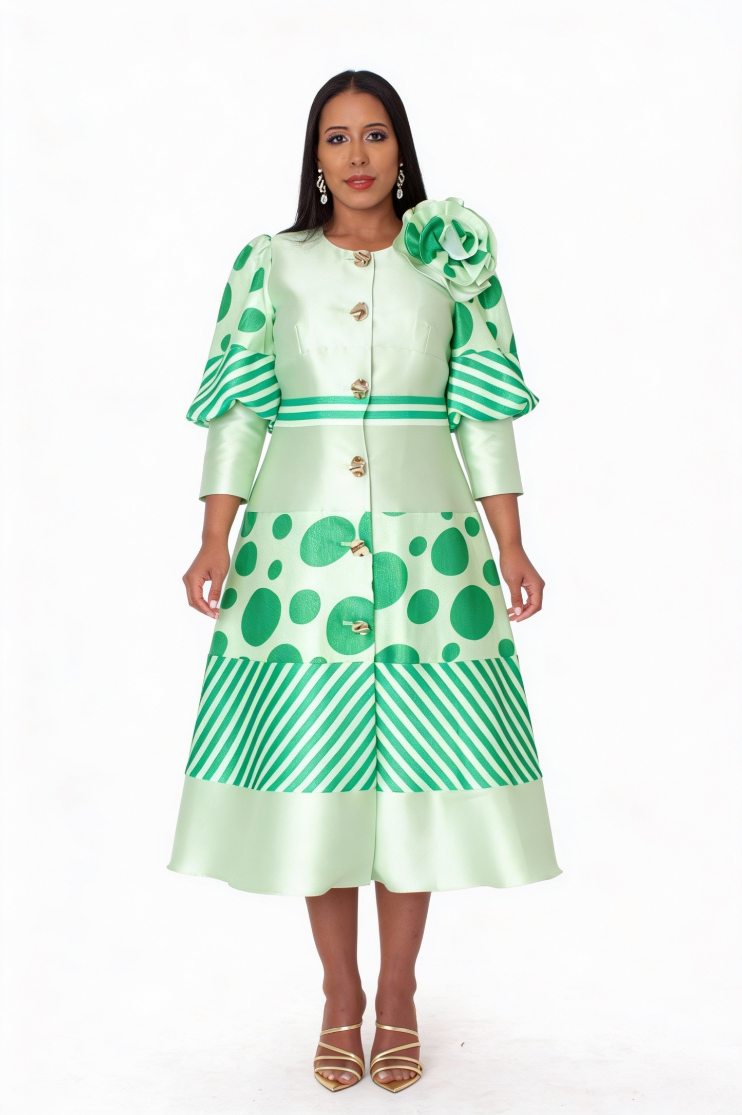 Polka Dot Stripe Bow Detail Midi Dress - 41086